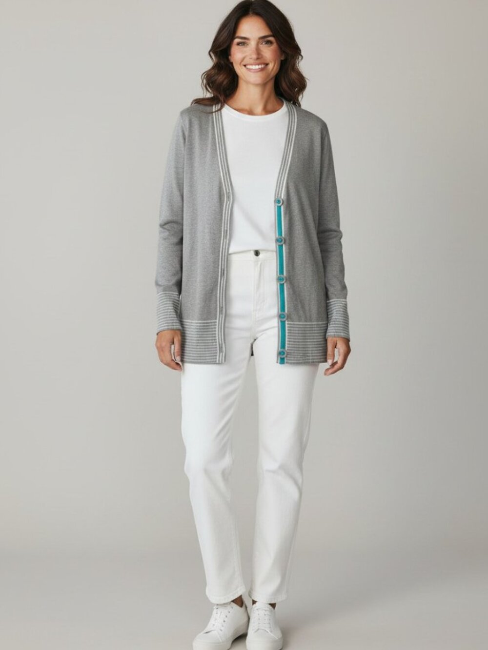 Denim & Co. Gray / White sweater with turquoise trim Sz M - SO cute!!!